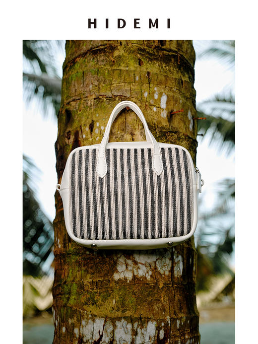 HIDEMI度假系列草编拼皮波士顿可拆卸功能斜挎手提包小号 黑白拼色/棕米拼色 商品图1