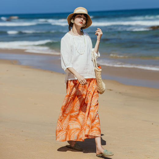 绽放旅行女装176朵/白色砂洗亚麻上衣夏季五分灯笼袖宽松休闲衬衫 商品图2