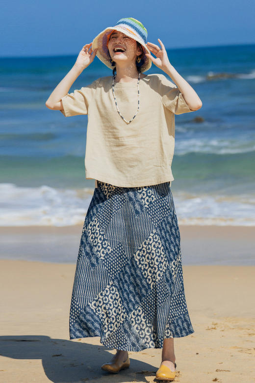 绽放旅行女装339朵/蓝染印花亚麻复古文艺半裙清凉透气海边度假裙 商品图5