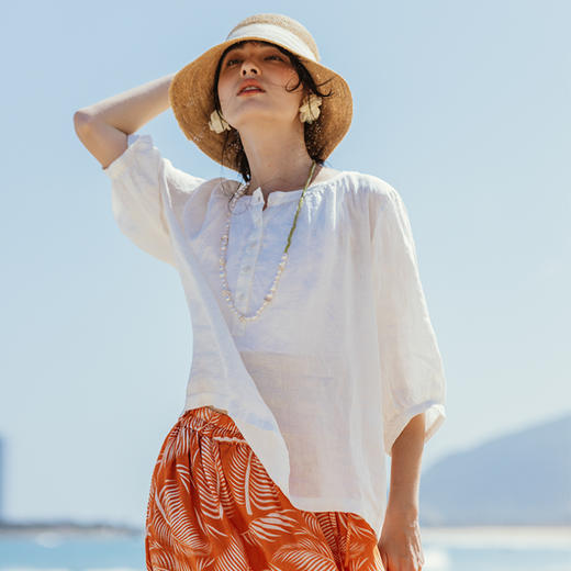 绽放旅行女装176朵/白色砂洗亚麻上衣夏季五分灯笼袖宽松休闲衬衫 商品图1