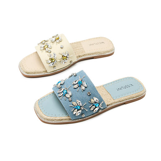 西遇外穿凉拖鞋女新款夏季水钻牛仔渔夫鞋平底露趾一字拖鞋V1947187 商品图4