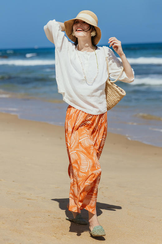 绽放旅行女装176朵/白色砂洗亚麻上衣夏季五分灯笼袖宽松休闲衬衫 商品图5