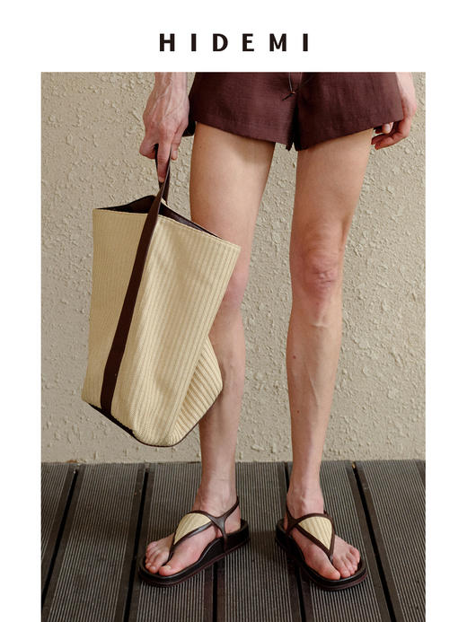 HIDEMI度假系列草编拼皮水桶包tote托特包中号 商品图8