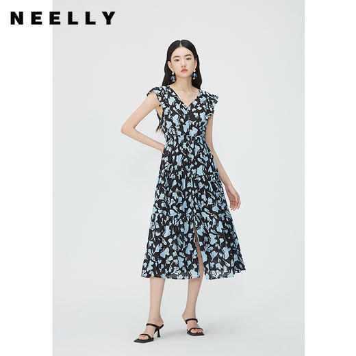 NEELLY纳俪商场同款无袖V领绑带连衣裙女下摆开叉度假风碎花A字裙N24052Y01167 商品图0