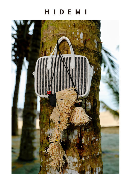 HIDEMI度假系列草编拼皮波士顿可拆卸功能斜挎手提包小号 黑白拼色/棕米拼色 商品图2