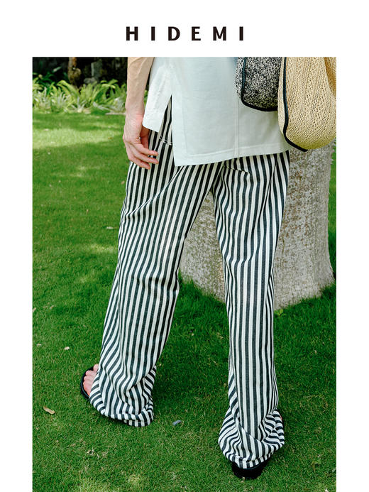 HIDEMI 度假系列条纹水洗棉柔软中低腰阔腿牛仔裤 商品图5