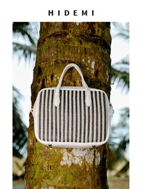 HIDEMI度假系列草编拼皮波士顿可拆卸功能斜挎手提包小号 黑白拼色/棕米拼色