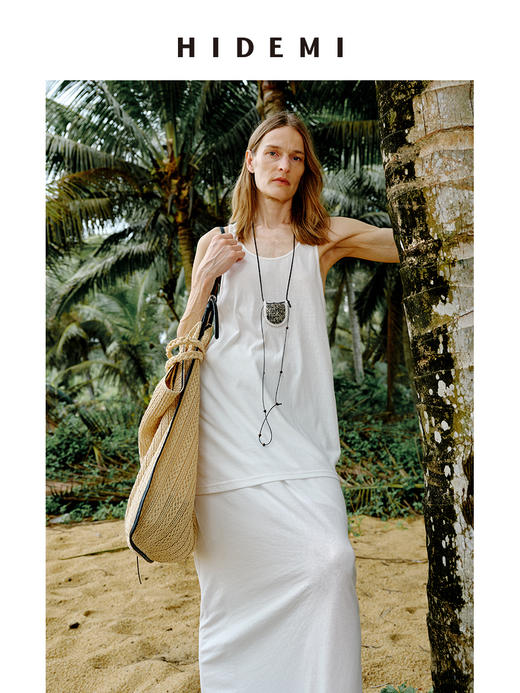 HIDEMI 度假系列极简椭圆领宽松设计感水洗针织背心半裙套装 背心/半身裙 商品图2