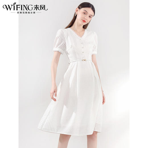 未风白色简约连衣裙女夏2024夏季新款女装法式气质收腰泡泡袖裙子 商品图2