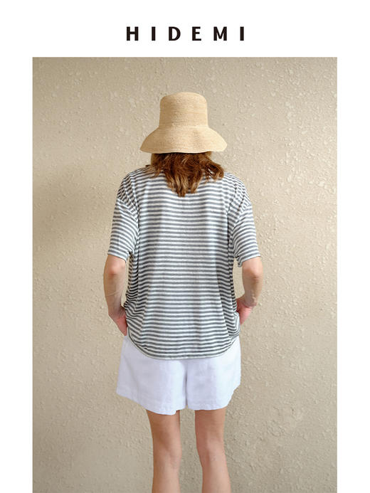 HIDEMI 度假系列极简水洗亚麻色织条纹柔软廓形短袖t恤 蓝色条纹/灰白条纹 商品图6