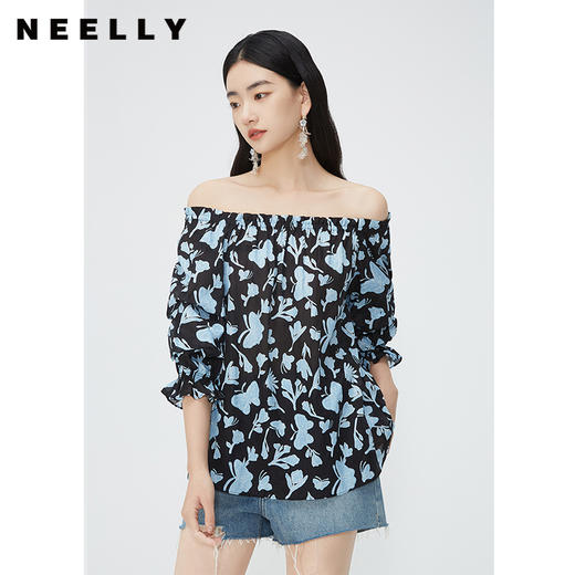 NEELLY纳俪商场同款一字肩七分袖雪纺上衣女夏季甜美洋气碎花衬衫N24052R01166 商品图2