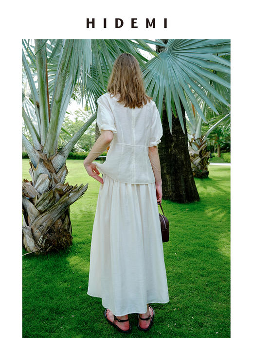 HIDEMI 度假系列微透视艺术肌理感圆领廓形袖中袖收腰套装 奶油白/开心果绿 上衣/半裙 商品图7
