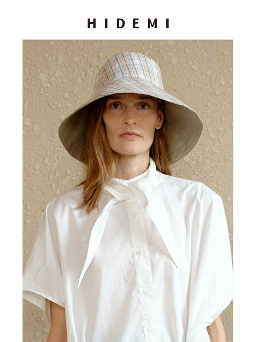 HIDEMI度假系列格纹拼接米色两面多戴式大帽檐遮阳帽渔夫帽 商品图4