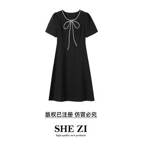 [奢姿轻奢系列]夏季大码女装圆领裙子胖妹妹优雅蝴蝶结钉珠连衣裙8942890004///