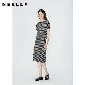 NEELLY纳俪商场同款经典黑白条纹刺绣连衣裙女圆领修身抽绳T恤裙N24052Y01170