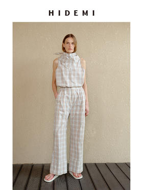 HIDEMI 度假系列极简色织格纹水洗棉感领巾背心阔腿裤套装 背心/长裤