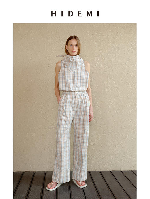 HIDEMI 度假系列极简色织格纹水洗棉感领巾背心阔腿裤套装 背心/长裤 商品图0