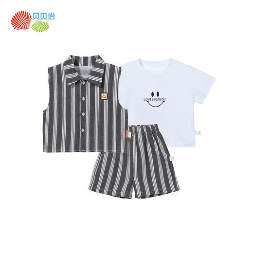 贝贝怡童装儿童短袖短裤套装夏季透气时尚t恤男童纯棉马甲三件套 商品图9