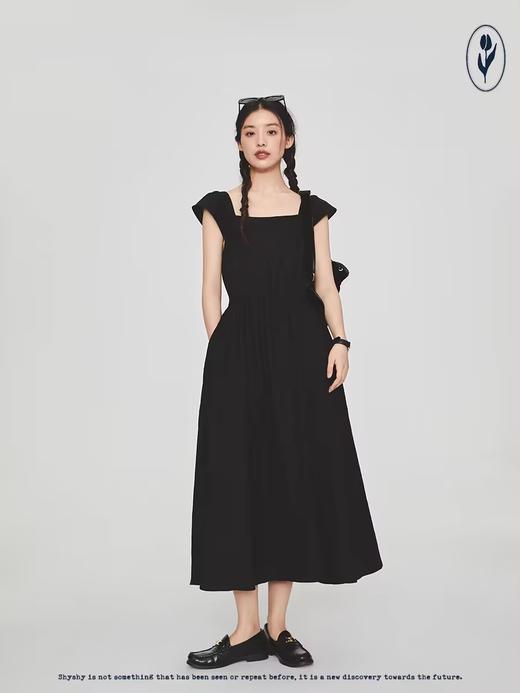 shyshystill/shy202305008/黑色麻感小扣子法式复古显瘦氛围感连衣裙 商品图4