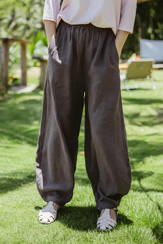 绽放旅行女装349朵/设计感拼接线条高端质感亚麻宽松阔腿灯笼裤 商品图5