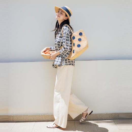 * 绽放旅行女装344朵/藏青色花朵印花复古文艺短袖宽松亚麻t恤小衫 商品图3