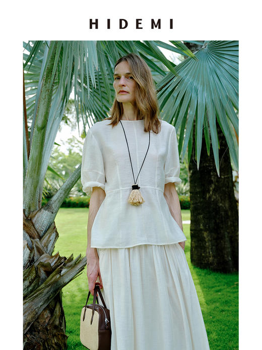 HIDEMI 度假系列微透视艺术肌理感圆领廓形袖中袖收腰套装 奶油白/开心果绿 上衣/半裙 商品图10