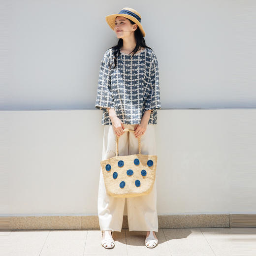 * 绽放旅行女装344朵/藏青色花朵印花复古文艺短袖宽松亚麻t恤小衫 商品图2