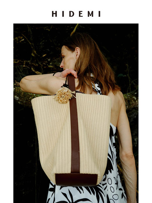 HIDEMI度假系列草编拼皮水桶包tote托特包中号 商品图1