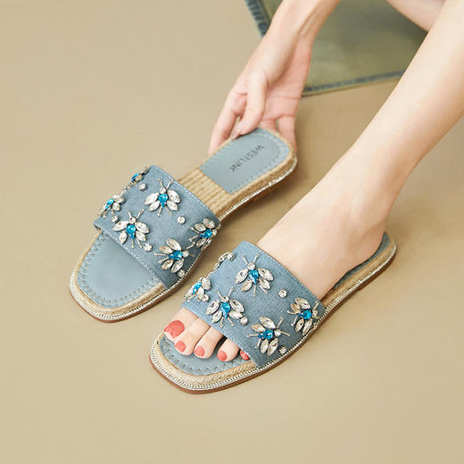 西遇外穿凉拖鞋女新款夏季水钻牛仔渔夫鞋平底露趾一字拖鞋V1947187 商品图2