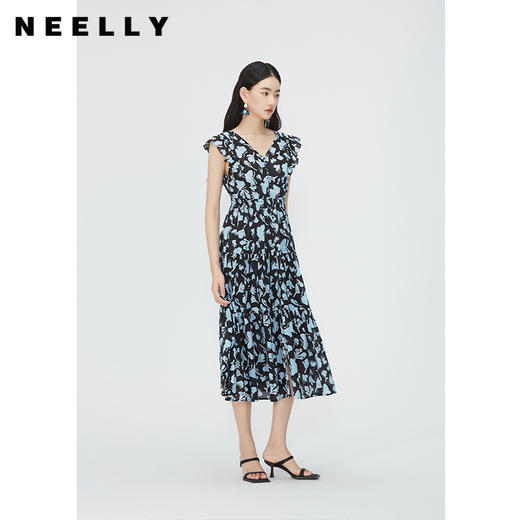 NEELLY纳俪商场同款无袖V领绑带连衣裙女下摆开叉度假风碎花A字裙N24052Y01167 商品图2