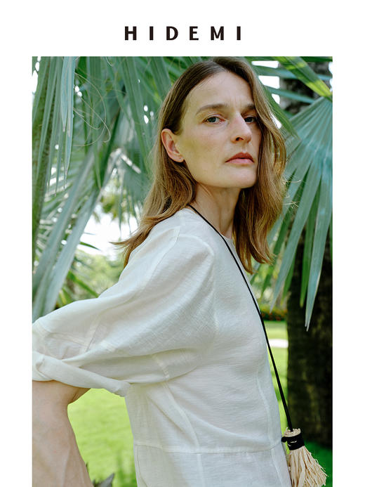 HIDEMI 度假系列微透视艺术肌理感圆领廓形袖中袖收腰套装 奶油白/开心果绿 上衣/半裙 商品图9