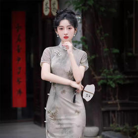 （辉煌腾达）网纱印花侧八扣长款，高考送考旗袍灰色节节高开衩旗袍SJT667