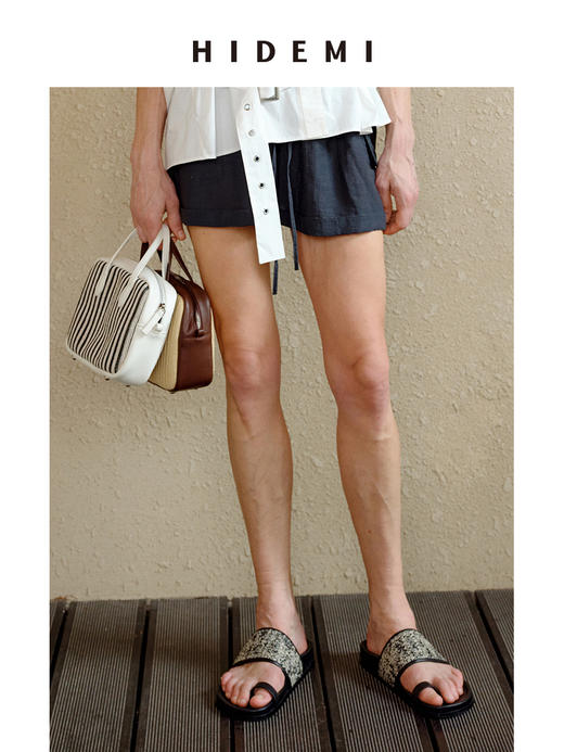 HIDEMI 度假系列口袋宽松显瘦松紧带短裤 雾霾蓝/黑色 商品图2