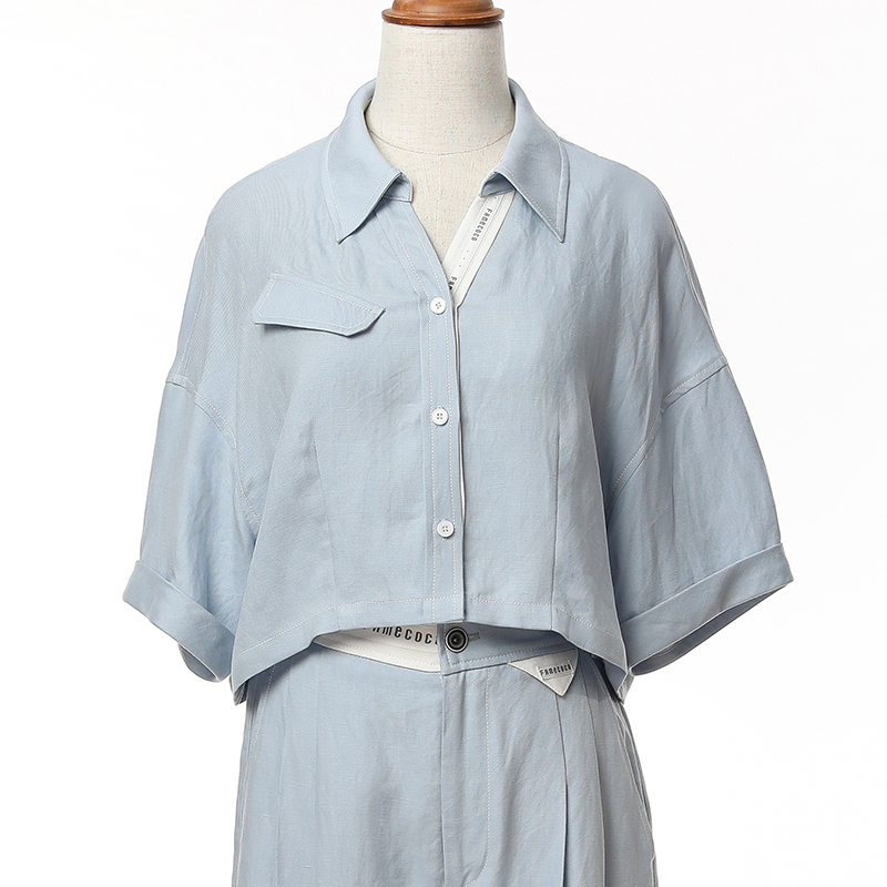 Famecoco范可儿短款落肩开身衬衫女夏季短袖设计感衬衣FAC3BH024