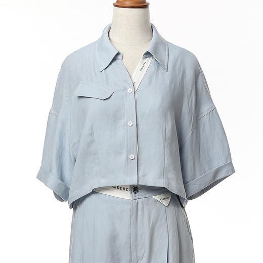 Famecoco范可儿短款落肩开身衬衫女夏季短袖设计感衬衣FAC3BH024 商品图0