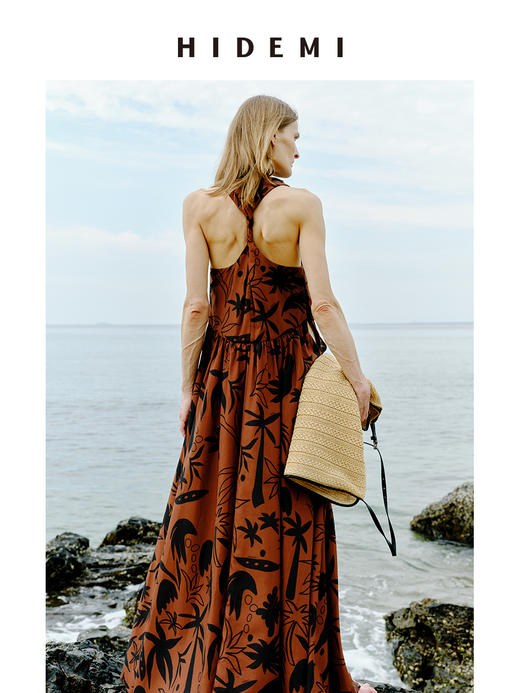 HIDEMI 【赵丽颖同款】度假系列“棕榈树下”手绘艺术感抽象印花晚霞棕红色五件套 商品图5