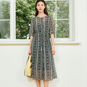 玳莎两件套真丝连衣裙2024新款夏季乔其桑蚕丝印花中长款裙  EB35106