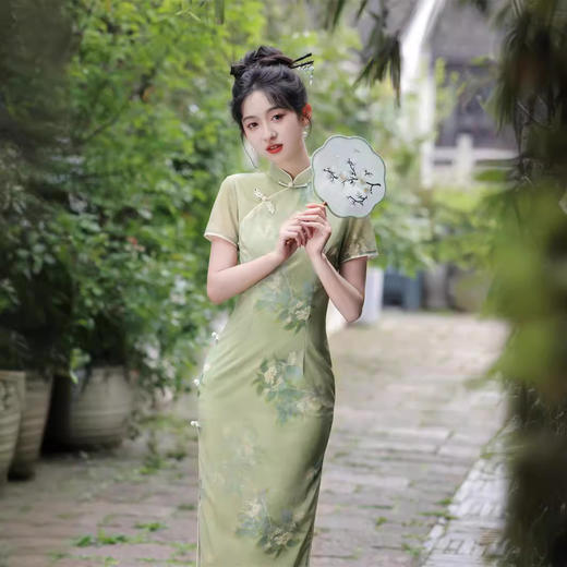 网纱印花长款侧八扣旗袍，一路绿灯学业有成高考送考SJT668 商品图2