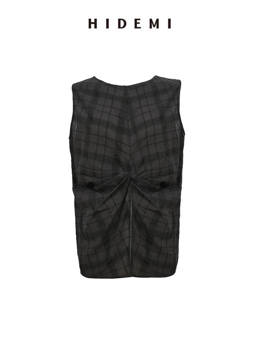 HIDEMI 度假系列浮雕格纹艺术感面料镂空开衩褶皱前后两穿背心套装 奶油米/灰绿色 背心/短裤 商品图9