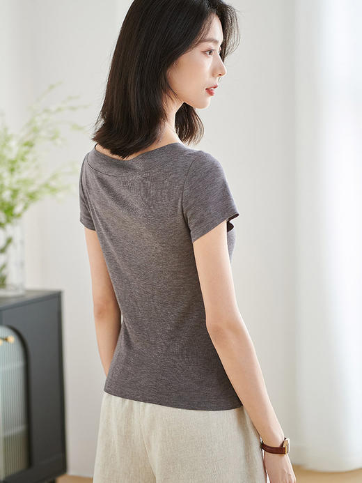 米思阳【天丝桑蚕丝纯色上衣】2026夏季显瘦百搭弹力上衣一字领T恤1427 商品图7