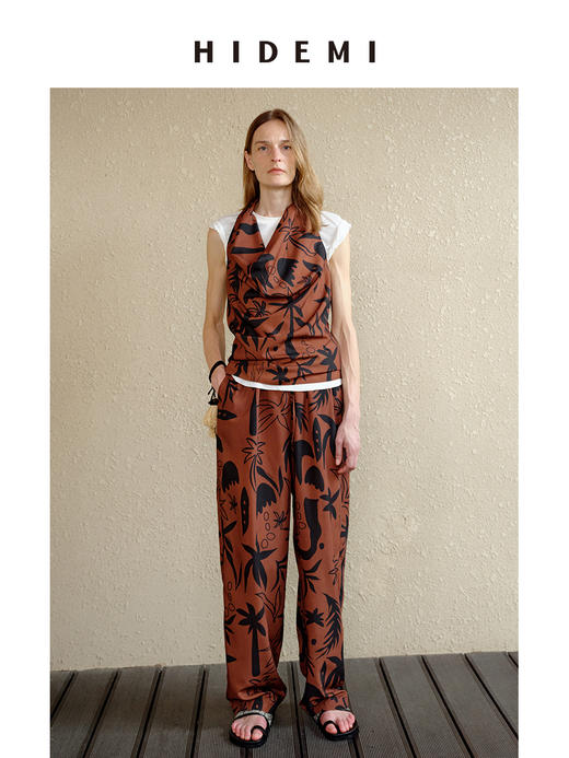 HIDEMI 【赵丽颖同款】度假系列“棕榈树下”手绘艺术感抽象印花晚霞棕红色五件套 商品图6