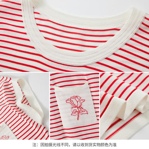 【商场同款】CNK4582  “ 减龄条纹衫  ” 红白的撞色条纹活力减龄 T型廓形，包容身材 口袋结合玫瑰提花图案精致秀美 曲珠纱线 夏季穿透气干爽 商品图6