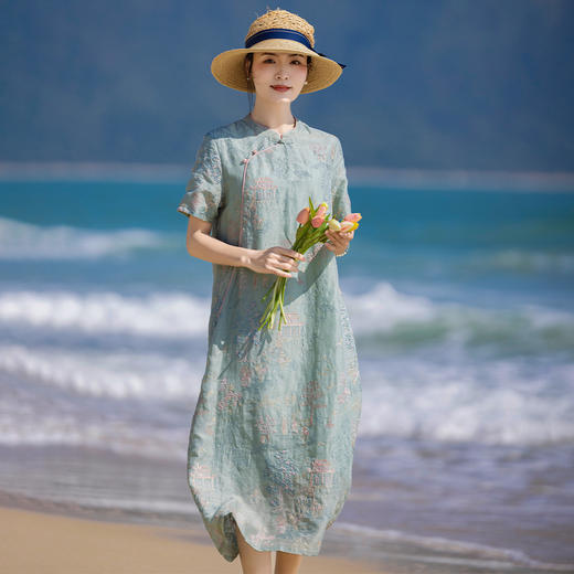 YMS470 2024春夏新款中国风楼阁刺绣苎麻改良旗袍短袖立领盘扣文艺连衣裙 商品图1