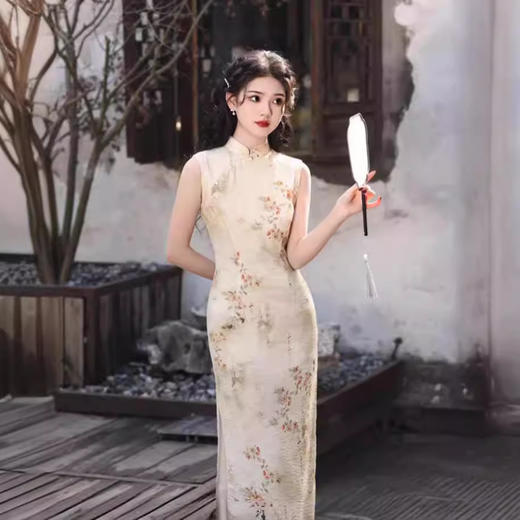 无袖双层仿苎麻印花长款旗袍，中国风少女低开衩旗袍SJT636 商品图3