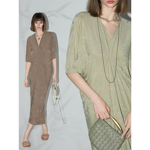 COCOBELLA新中式竹叶提花针织连衣裙立裁禅意弹力长裙FR0045 商品图2