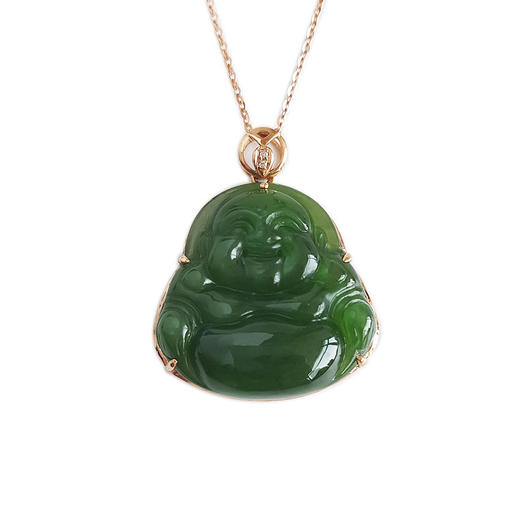 【天然正品】AU750玫瑰金镶钻镶天然佛公和田玉碧玉（平安、吉祥）吊坠项链040524NJ12 商品图0