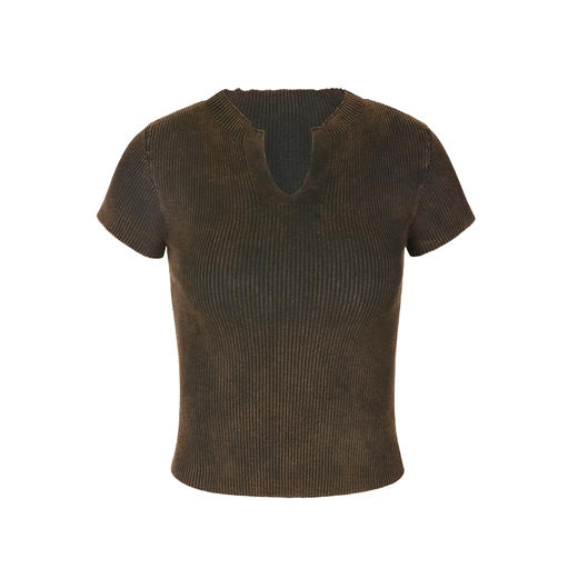 NUTH百搭修身V领显瘦正肩洗水做旧针织短袖T恤女 商品图5