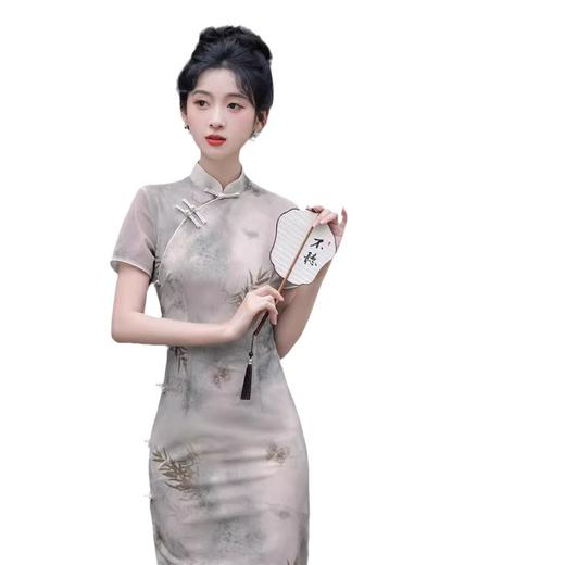 （辉煌腾达）网纱印花侧八扣长款，高考送考旗袍灰色节节高开衩旗袍SJT667 商品图4