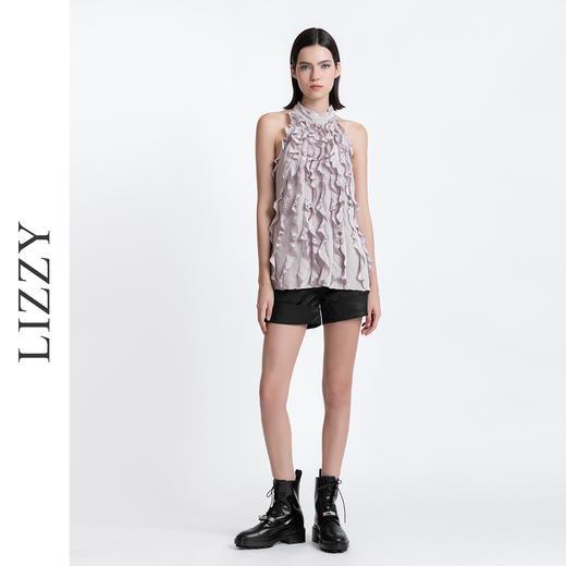 LIZZY2024时尚挂脖法式荷叶边露背真丝时尚木耳边上衣4486 商品图1
