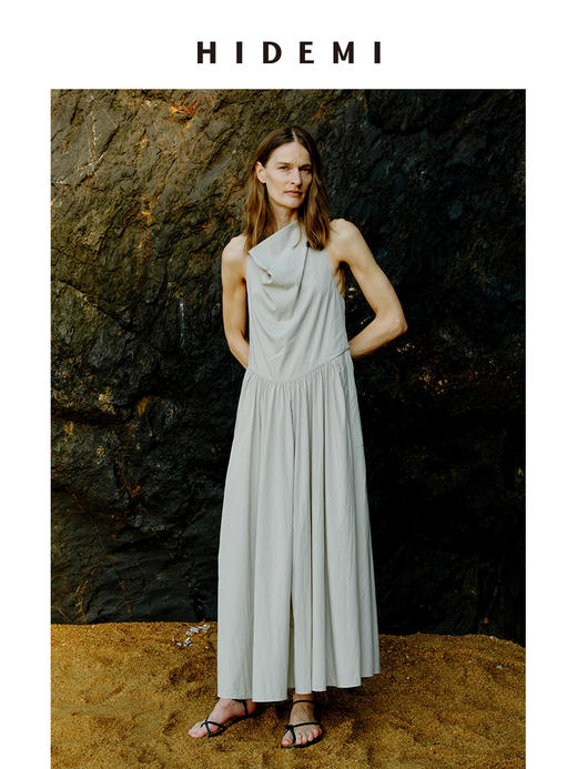 HIDEMI 度假系列荡漾领后背纽结设计感压褶背心连衣裙 商品图0